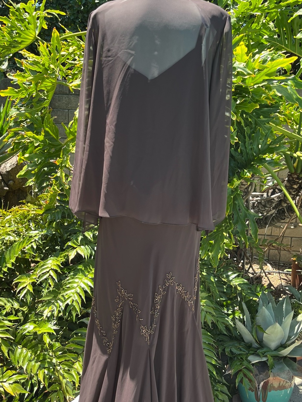 David's Bridal Brown Long Sleeve Beaded Evening Gown - Picture 2 of 14